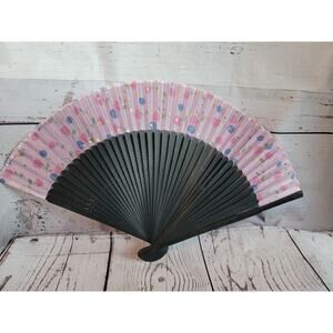 Vintage Bamboo Wooden Silk Folding Hand Fan Flower With Gold Accent